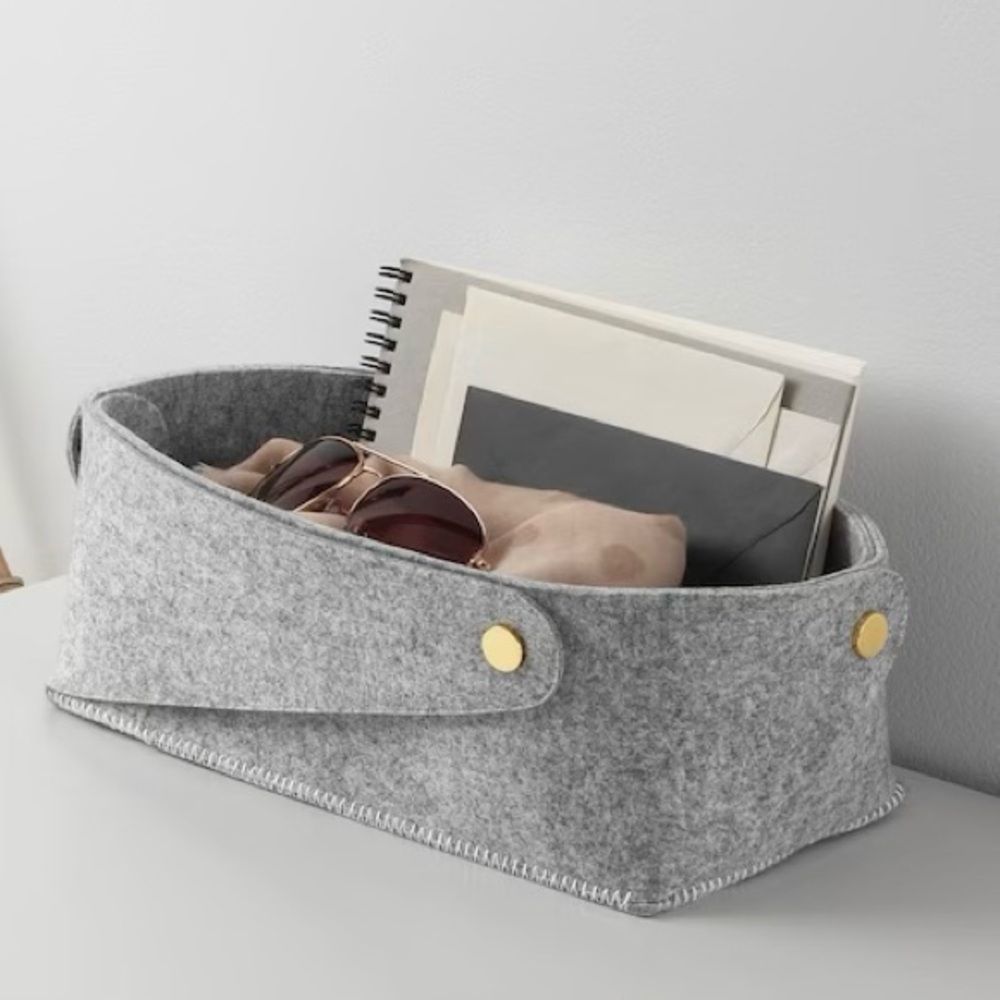 Two (2) New IKEA Pudda Grey Foldable Felt Baskets/Organizers, 6x11x4”